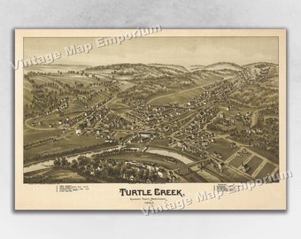 1897 Turtle Creek, Pennsylvania Map - Panoramic Old City Map - Historic Birds Eye View Vintage Map Art Print