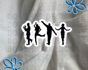 May include: Silhouette sticker of four people dancing. The sticker is white with black silhouettes of four people dancing. The people are in a line, facing forward, and are all in different poses.