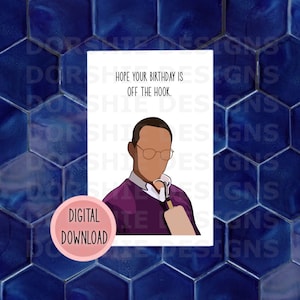 Puede incluir: Una tarjeta de descarga digital con una ilustración de dibujos animados de un hombre con gafas y un suéter morado. El texto en la tarjeta dice "Espero que tu cumpleaños sea genial."