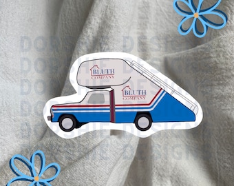 May include: A white sticker with a blue and red truck with a lift. The truck has the words "Bluth Company" on the side and on the lift.
