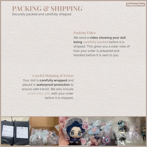 Op de afbeelding: Afbeelding die het verpakkings- en verzendproces toont. Tekst luidt "PACKING & SHIPPING" en "Securely packed and carefully shipped." Extra tekst beschrijft zorgvuldige verpakking, waterdichte bescherming en kleine extra cadeaus.