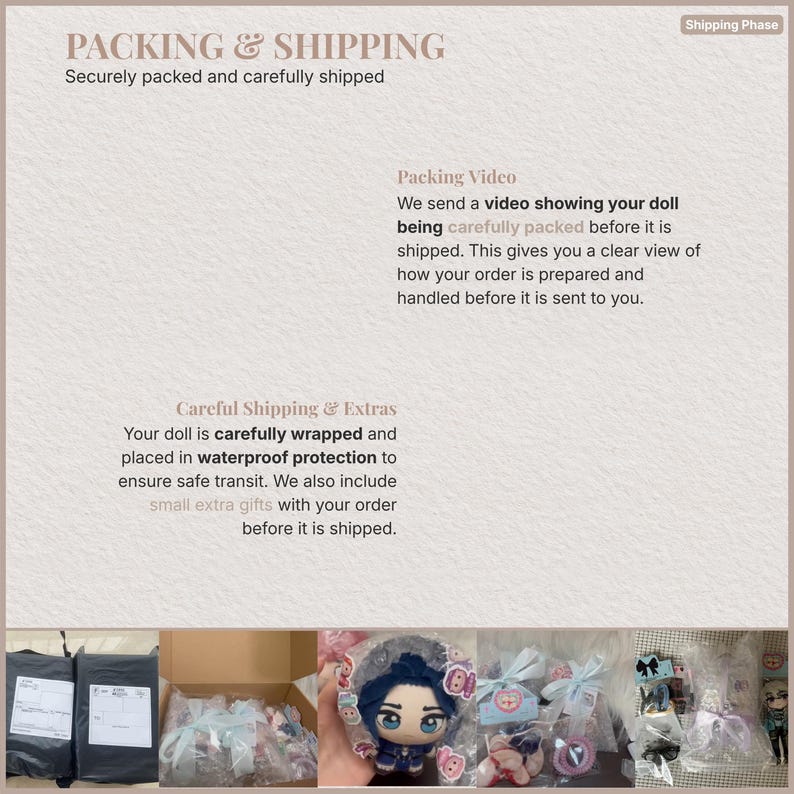 Op de afbeelding: Afbeelding die het verpakkings- en verzendproces toont. Tekst luidt "PACKING & SHIPPING" en "Securely packed and carefully shipped." Extra tekst beschrijft zorgvuldige verpakking, waterdichte bescherming en kleine extra cadeaus.