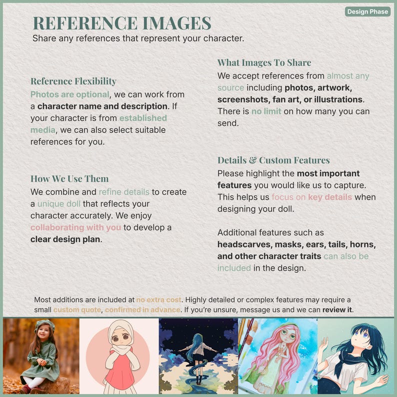 Op de afbeelding: Een afbeelding met de tekst "REFERENCE IMAGES" die uitleg geeft over het delen van referenties voor op maat gemaakte karakterpoppen. Bevat voorbeelden van poppenontwerpen en details over functies zoals hoofddoeken en maskers.