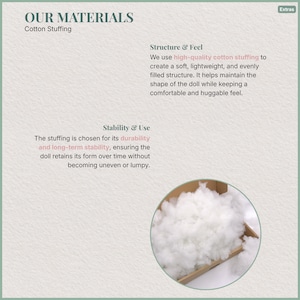 Op de afbeelding: Afbeelding met de tekst "OUR MATERIALS" en "Cotton Stuffing". De afbeelding bevat ook tekst die de structuur, het gevoel, de stabiliteit en het gebruik van de katoenen vulling beschrijft. Een close-up van witte katoenen vulling bevindt zich in een houten bak.