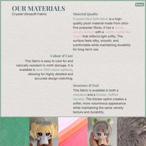 Op de afbeelding: Afbeelding met de eigenschappen van Crystal Ultrasoft Fabric. De tekst benadrukt de hoogwaardige, pluche aard gemaakt van fijne polyestervezels, met een dichte, fluweelzachte textuur en subtiele glans. Het is gemakkelijk te onderhouden, motbestendig en verkrijgbaar in meer dan 200 kleuren.