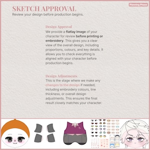 Op de afbeelding: Een ontwerpgoedkeuringsdocument met tekst en karaktersignelementen. De tekst bevat "Sketch Approval" en "Design Approval". De afbeelding toont ook een gezicht van een personage, kleding en verschillende oogontwerpen.