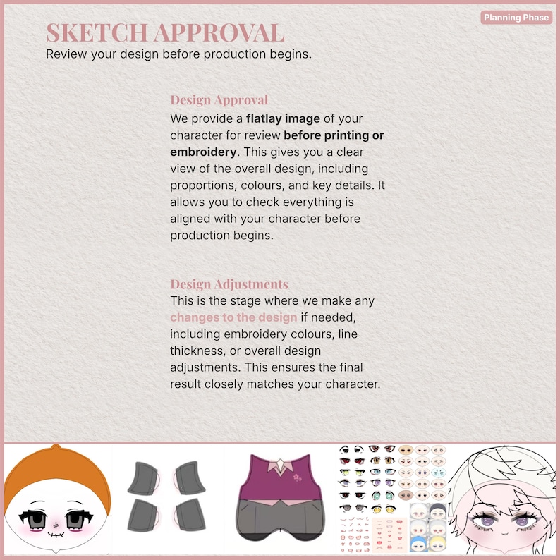 Op de afbeelding: Een ontwerpgoedkeuringsdocument met tekst en karaktersignelementen. De tekst bevat "Sketch Approval" en "Design Approval". De afbeelding toont ook een gezicht van een personage, kleding en verschillende oogontwerpen.