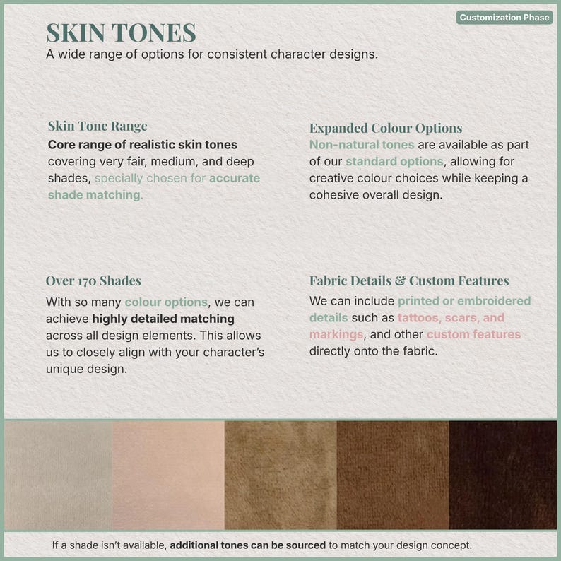 Op de afbeelding: Afbeelding met de titel "SKIN TONES" met details over huidtintopties voor personages. Het beschrijft realistische huidtinten, uitgebreide kleuropties, meer dan 170 tinten en stoffen details. Een kleurenpalet met huidtinten is ook te zien.