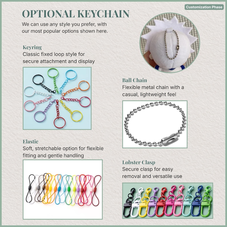 Op de afbeelding: Afbeelding met verschillende sleutelhangeropties: sleutelring, kogelketting, elastiek en karabijnhaak. De tekst luidt "OPTIONAL KEYCHAIN" en beschrijft elke stijl. De sleutelring heeft een vaste lus, de kogelketting heeft een casual uitstraling.