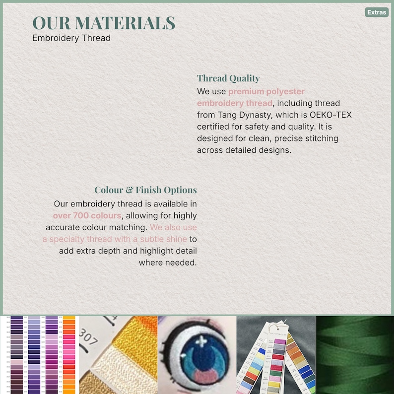 Op de afbeelding: Afbeelding met borduurgarenmaterialen. Tekst luidt "ONZE MATERIALEN" en "Borduurgaren". Verdere tekst beschrijft de draadkwaliteit, inclusief OEKO-TEX-certificering, en kleuropties met meer dan 700 kleuren.