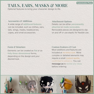 Op de afbeelding: Afbeelding met tekst: TAILS, EARS, MASKS & MORE. Optionele functies om uw karakterontwerp tot leven te brengen. Accessoires & Toevoegingen, Bevestigingsopties, Vorm & Structuur en Aangepaste Functies & Kosten worden beschreven. Pluche speelgoed van verschillende personages wordt getoond.