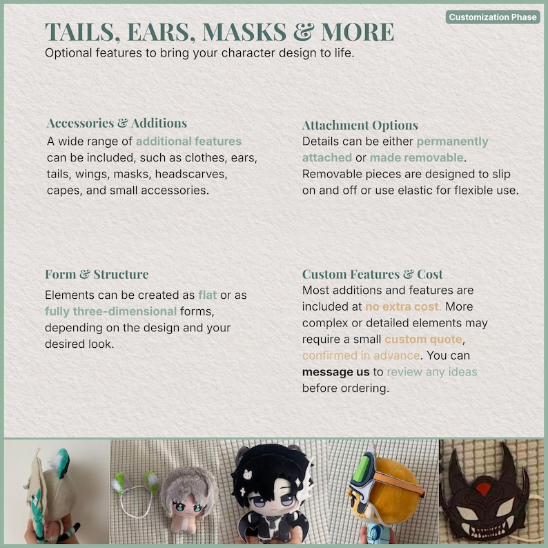 Op de afbeelding: Afbeelding met tekst: TAILS, EARS, MASKS & MORE. Optionele functies om uw karakterontwerp tot leven te brengen. Accessoires & Toevoegingen, Bevestigingsopties, Vorm & Structuur en Aangepaste Functies & Kosten worden beschreven. Pluche speelgoed van verschillende personages wordt getoond.
