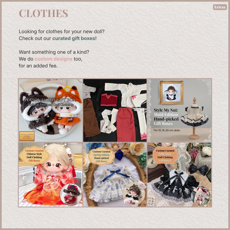 Op de afbeelding: Een collage van poppenkleding en accessoires. Bevat outfits met hoeden, jurken en traditionele Chinese kledingstijlen. Tekst bevat "CLOTHES", "PERSONALIZED GIFT BOX" en "Style My Nui: Maid Edition Hand-picked Gift Boxes".