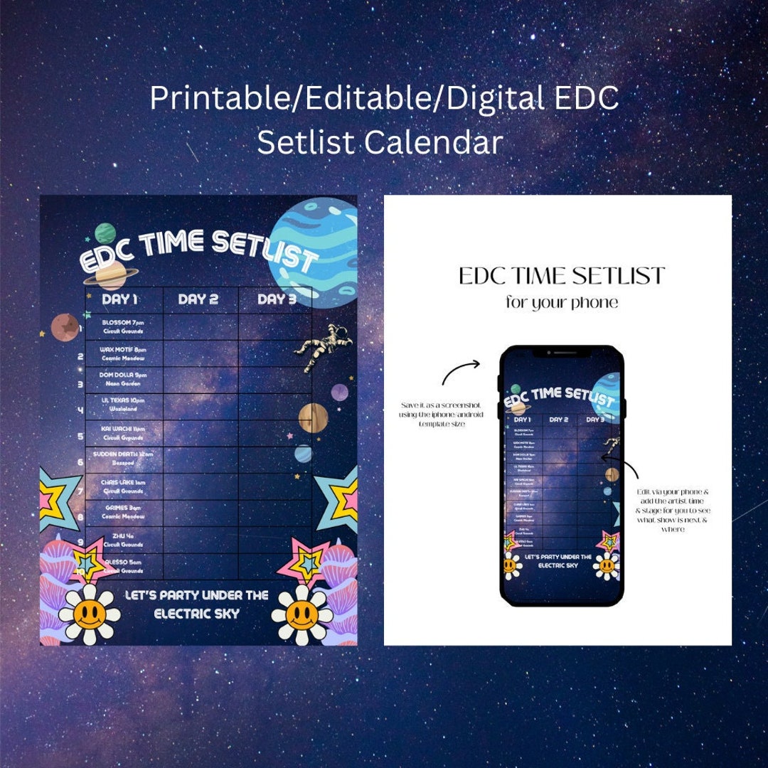 Printable EDC Rave Setlist Calendar Editable EDC Setlist Etsy Australia