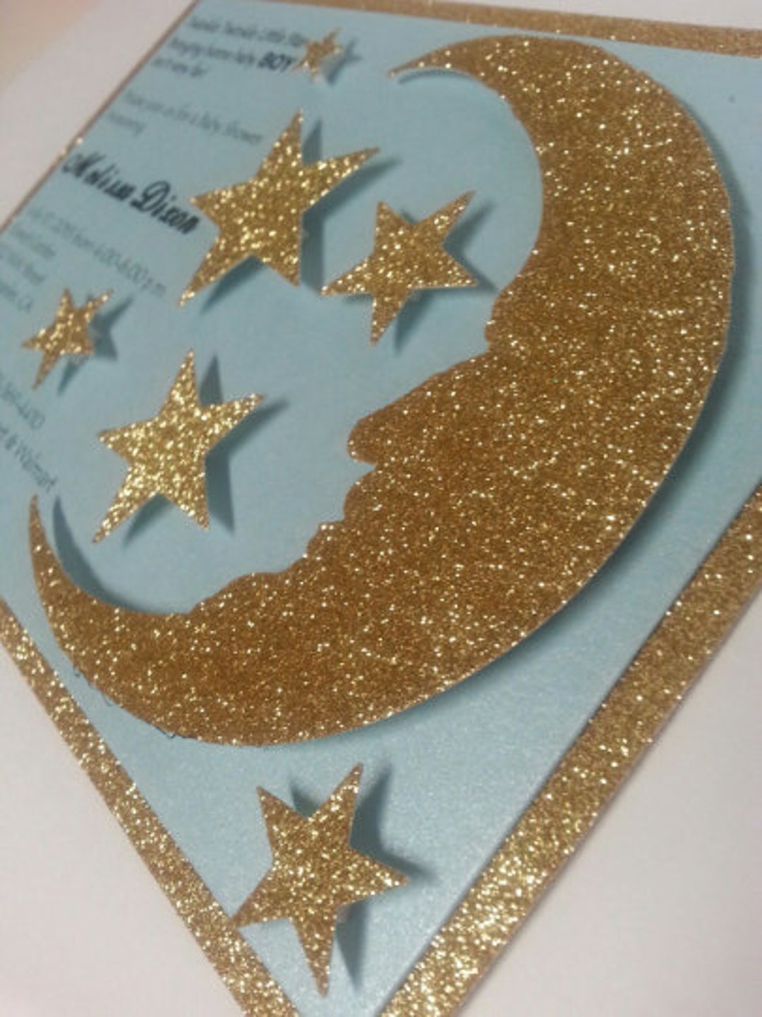 Twinkle Twinkle Little Star Blue and Gold Invitations, Handmade Moon