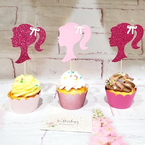 Pink Doll Silhouette Cupcake Topper with bow, Doll Head Cupcake Topper,  Pink Girl Birthday Party,Let's Go Party,Doll Party Decorations,party