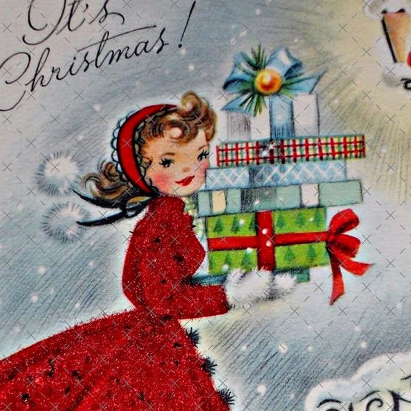 Fifties Christmas Card Image, Pretty Girl with Gifts, Instant Digital Download