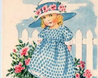 Vintage Little Girl In Dress and Bonnet Birthday Card Digital Download Image