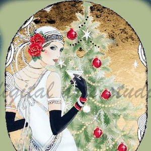 Art Deco Weihnachten, Vintage Weihnachten, schöne 1940er Jahre Frau, Getränk und Baum, sofortiger digitaler Download