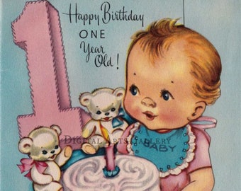 Vintage Happy First Birthday Baby Girl, Vintage 50s Digital Print