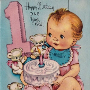 Vintage Feliz Primeiro Aniversário Menina, Impressão Digital Vintage Anos 50