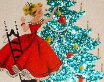 Retro Christmas Card Image, Pretty Girl Decorating Tree, Instant Digital Download