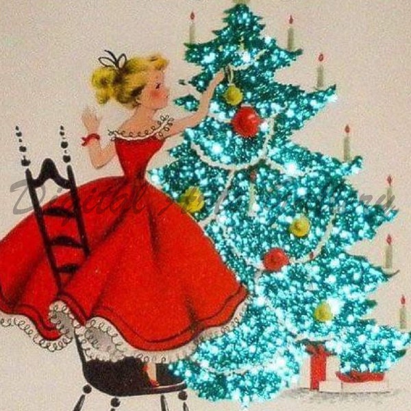 Retro Christmas Card Image, Pretty Girl Decorating Tree, Instant Digital Download