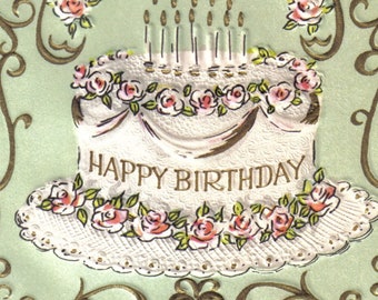 Vintage Happy Birthday Cake, Retro Birthday Cake, Instant Digital Download