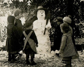 Vintage Winter Children Meet The Snowman, Instant Digital Download