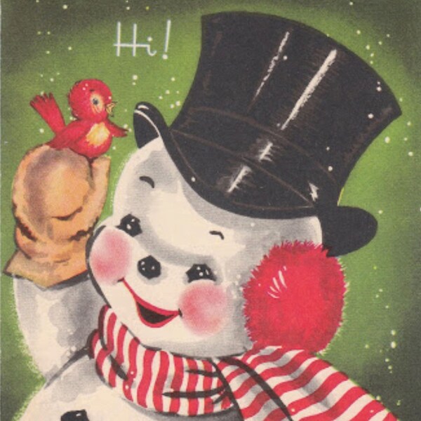 Saludos retro seasons, muñeco de nieve con sombrero de copa y su amigo emplumado, descarga digital instantánea
