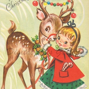 Retro, Natale vintage, bambina e cervo natalizio, download digitale istantaneo
