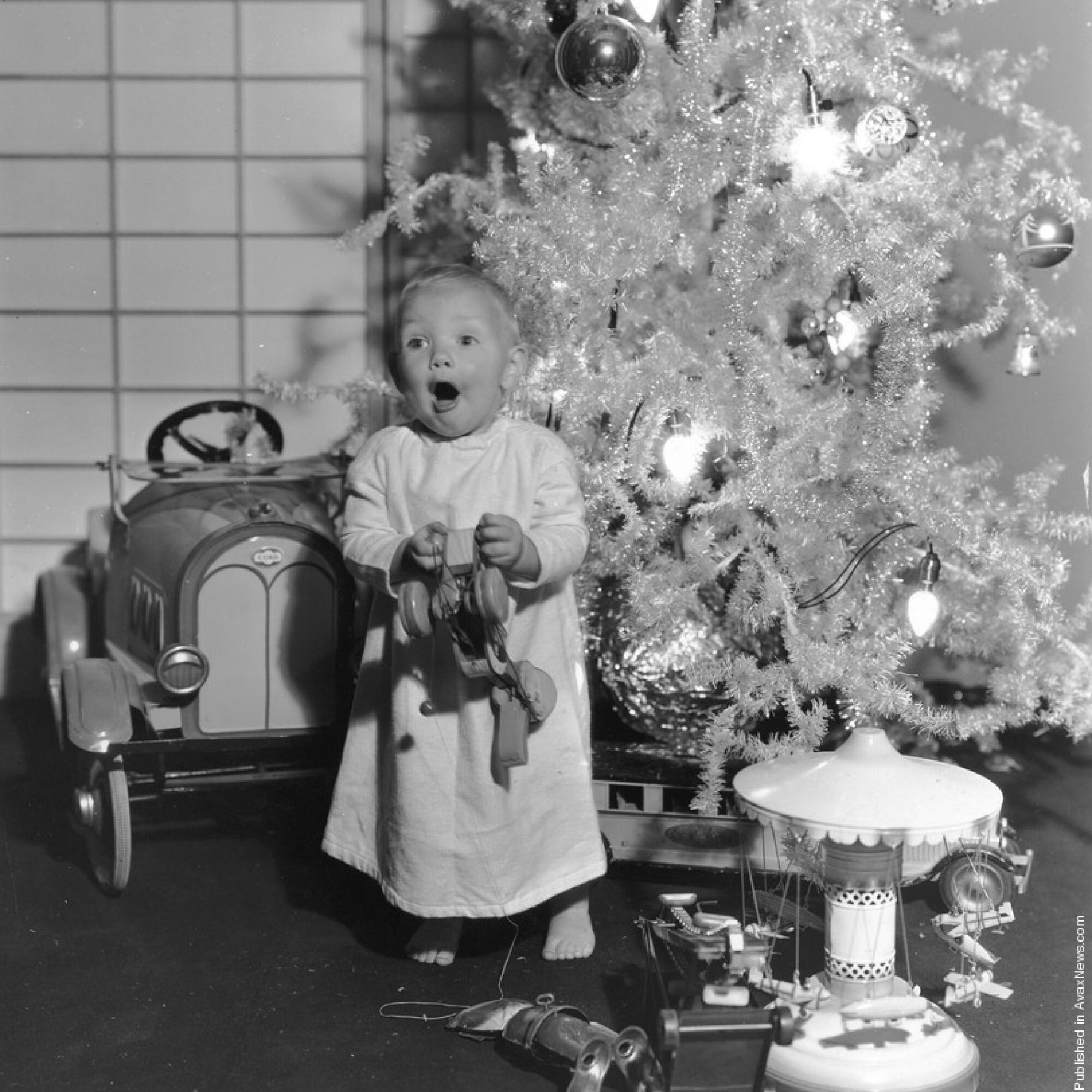 Vintage Little Boy Christmas Morning With Toys, Instant Digital
