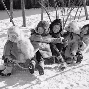 Vintage photo, Children on Sled in the Snow, Instant Digital Download