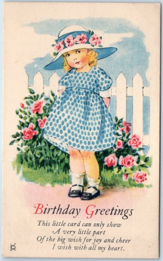 Vintage Little Girl In Dress and Bonnet Birthday Card Digital Download Image