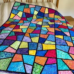 Handmade Batik Patchwork Quilt: Rainbow Stained Glass Throw