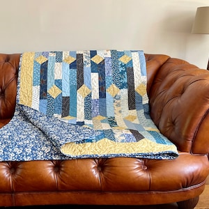Traditional Patchwork Quilt / Blanket / Throw, Blue Country-Cottage Style, Handmade, Quilted Blanket, Large Patchwork Throw, Blue Gold Cream