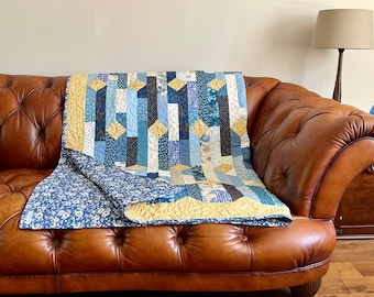 Handgemachte Patchwork Quilt, Blau Gold Creme Baumwolle Überwurf, Landhaus Stil