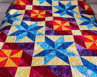 Handmade Patchwork Quilt: Colourful Star and Pinwheel Blanket / Throw
