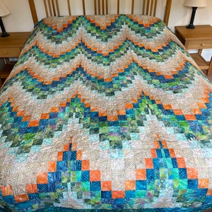 Handmade Bargello Quilt: Batik Patchwork Blanket, Blue Green Orange
