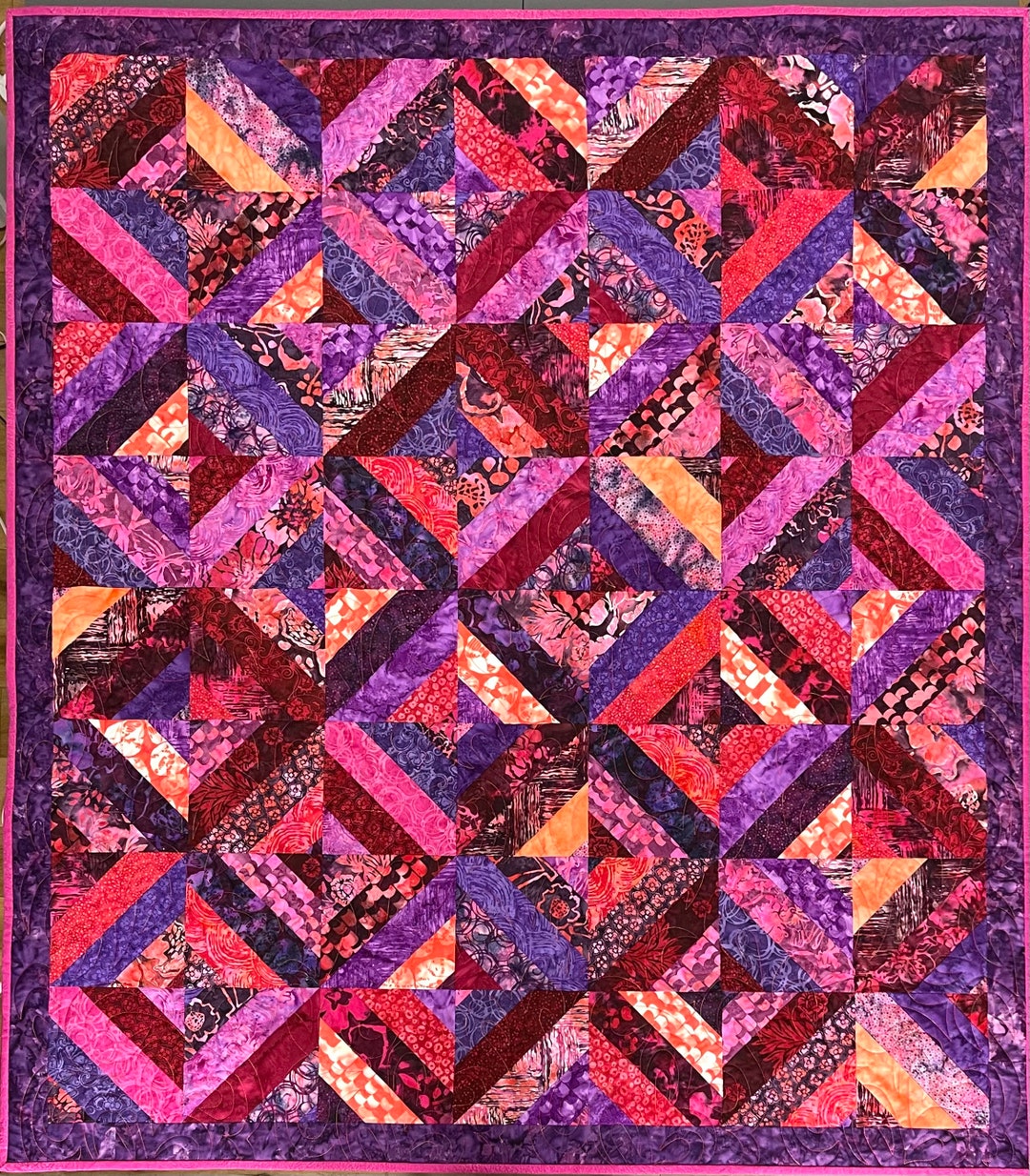 Patchwork Quilt, Colourful Batiks, Purple Pink Red Orange, Throw Size ...