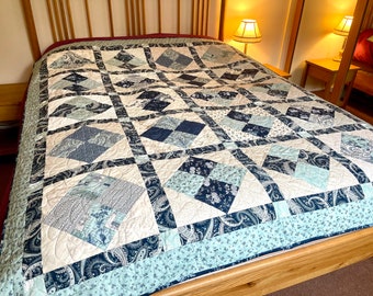 Handgemaakte patchworkquilt: blauw crème groenblauw katoenen plaid