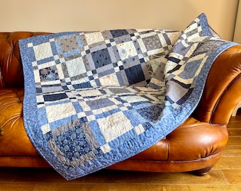 Handmade Patchwork Quilt, Shades of Blue, Geometric Design