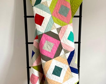 Patchwork Quilt, Modern Geometric, Colourful, Handmade, Quilted, Large Throw Size, Quilted Blanket, Lime Green & White, Quilt, Throw