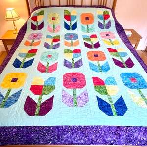 Patchwork Quilt, Colourful Batiks, Tulips and Flowers, Rainbow Colours, Large Throw or Single UK Twin US size, Quilt Blanket Throw, Handmade