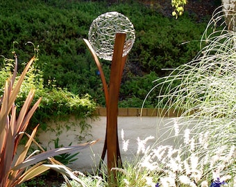 Modern Outdoor Sculpture &quot;TEMPEST&quot; weathered steel and stainless steel wire sphere