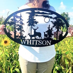 Oval Deer Scene Monogram | Personalized Metal Deer Sign | Custom Last Name Sign | Address Sign with Deer | Metal Wall Art | Outdoor Decor