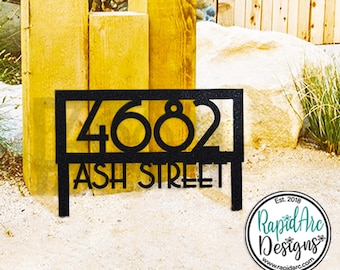 Framed MCM Metal Address Sign with Stakes | Mid Century Modern House Number
