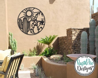 Cactus, Sun & Mountains Desert Scene | Metal Southwestern Scene | Outdoor Patio and Garden Decor | Southwest Desert Wall Art | Cactus Sun