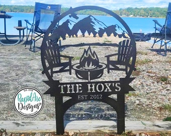 Personalized Campsite Mountain Scene Metal Sign | Custom Yard Decor