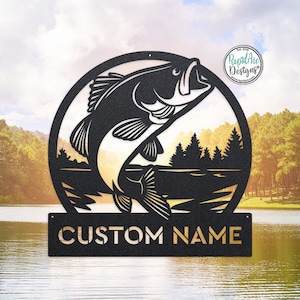 Outdoor JUMPING BASS Metal Monogram | Bass Fishing Name Sign | Custom Fish Sign | Fish Wall Art | Fishing Sign | Fish Decor | Fisherman Gift